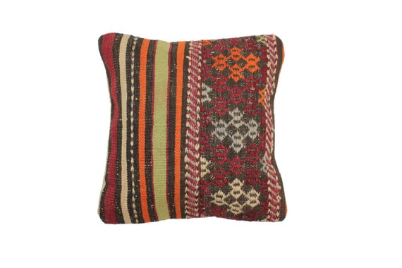 Kilim Pillow Cover with Bold Stripes and Stitched Geometric Detail with Saturated Vegetable Dye Colors