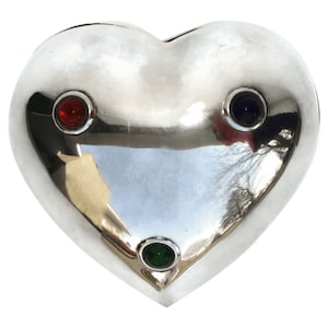 Gemmed Heart-Shaped Box - Vintage Puffy Silver Heart Trinket Box with Glass Gem Inlay