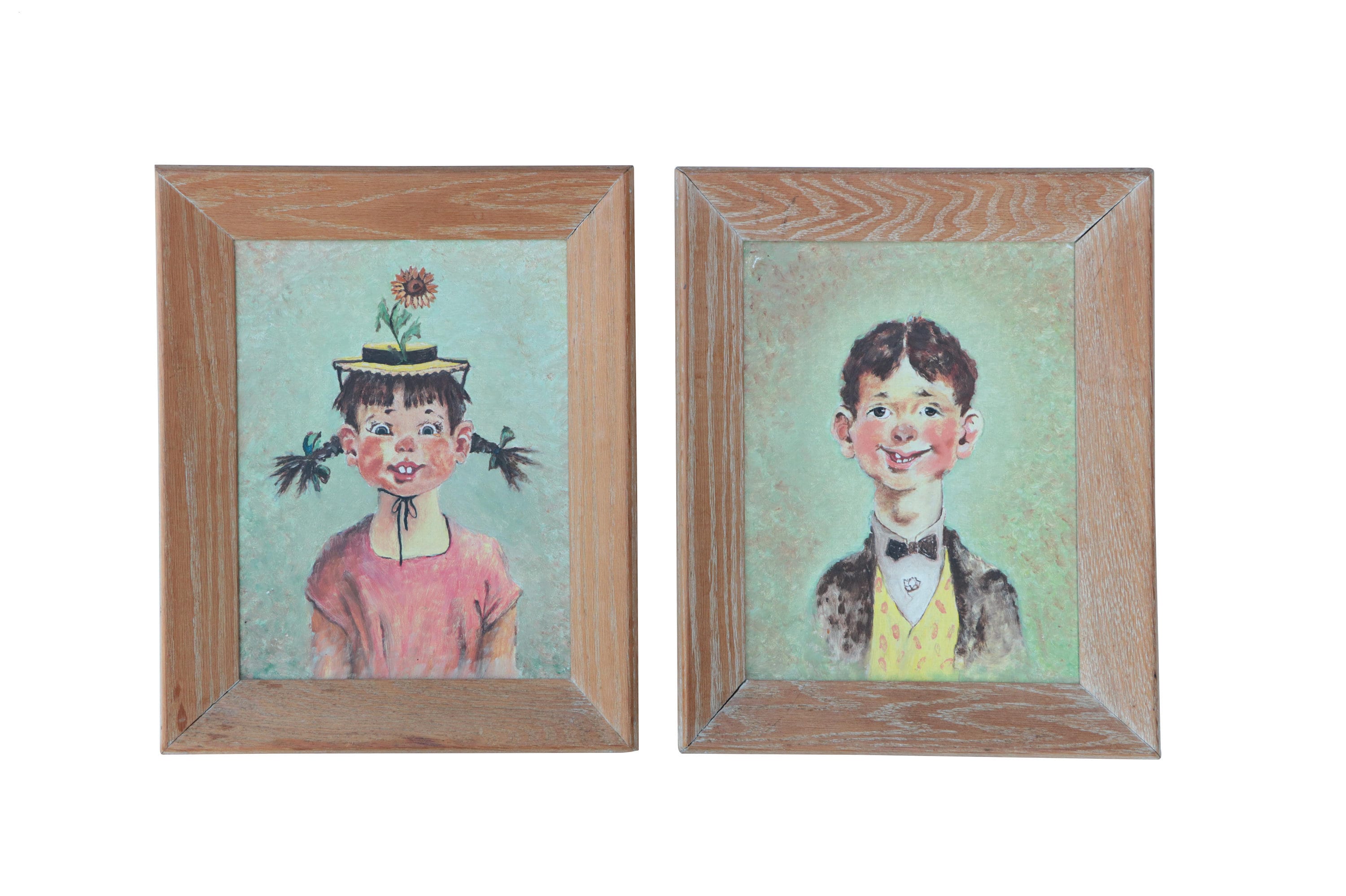 Penelope & Oswald Portrait Paintings After Florence Kroger Mid-century  Original Framed Portraits of a Girl and Boy 