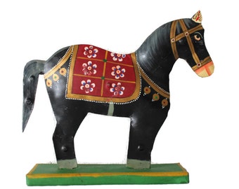 Folk Art Metal Horse - Hand Painted Black Horse with Saddle