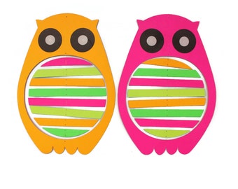 Owl Mobile - Vintage Paper Mobile with Mod Form and Neon Colors - Hanging Baby Mobile, 3D Paper Mobile, Nursery Mobile in Orange and Pink