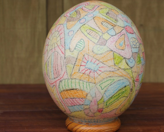 Decorated Ostrich Egg On Wooden Display Stand With Abstract Pastel Design