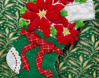 Poinsettia Flower Finished Felt Stocking with Sequins & Beads - Beaded Applique Completed Handmade Stocking from a Plaid Bucilla Kit