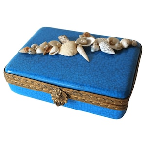 Boch Freres Hinged Box with Cerulean Blue Crackled Glaze and Applied Sea Shells