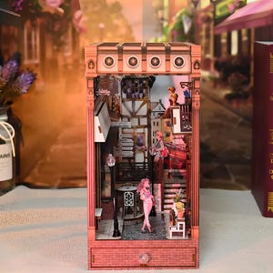 Book Nook Bookshelf Insert – European Street DIY Kit with Lights | Unique Gift for Book Lovers & Miniature Fans