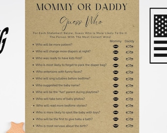 Printed & Free Shipping Mommy or Daddy Trivia - Baby Shower Game, Printed Cards, Rustic Brown Kraft Card Stock, Fun Gender Reveal Game