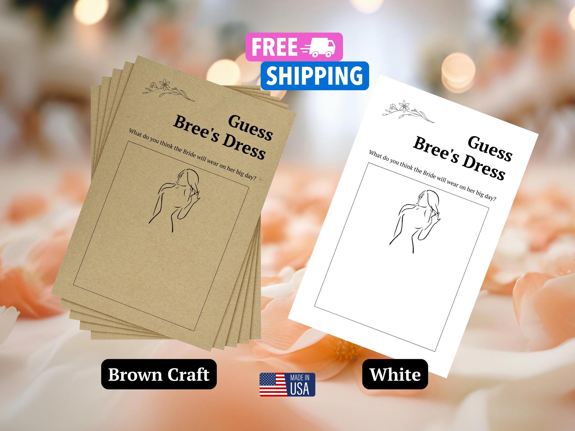 Personalized Printed Guess the Dress Game, Custom Bridal Shower Activity, Approx 5.5x8.5, Brown Craft or White Cover Stock, Bridal Keepsake