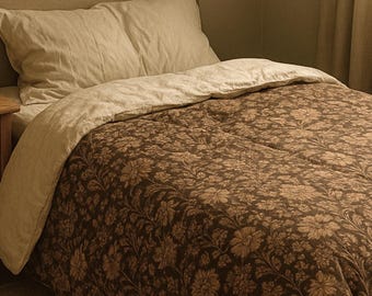 Vintage Floral Cotton Comforter | Sepia Botanical Bedding | Boho Vintage Wildflower Print | Cozy Cottagecore Bedding