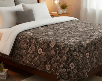 Vintage Floral Cotton Comforter | Sepia Botanical Bedding | Boho Vintage Wildflower Print | Cozy Cottagecore Bedding