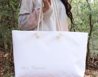Personalized Mrs. Last Name Weekender Tote Bag: Bride Gift, Beach Bag