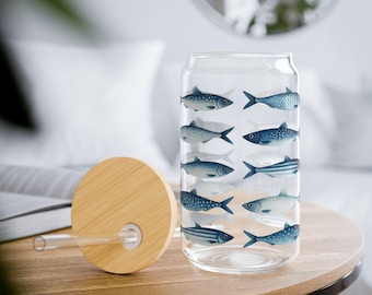 Vintage Italian Sardine Summer | 16oz Glass Sipper Cup | Coastal Fisherman Aesthetic Tumbler | Iced Coffee Glass