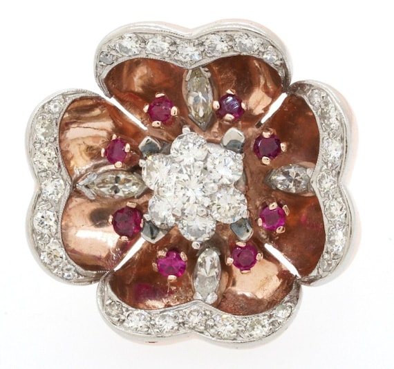 Statement Floral Diamond Ruby Ring 14K Two Tone G… - image 1