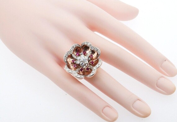 Statement Floral Diamond Ruby Ring 14K Two Tone G… - image 4