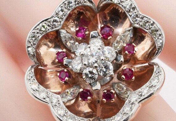 Statement Floral Diamond Ruby Ring 14K Two Tone G… - image 5