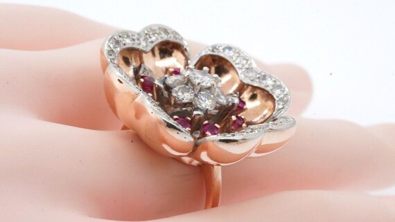 Statement Floral Diamond Ruby Ring 14K Two Tone G… - image 6
