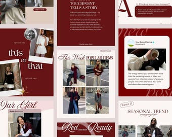 May include: A promotional image with a burgundy and cream color scheme. The image features text, including "EVERY TOUCHPOINT TELLS A STORY" and "This Week POPULAR ITEMS." It also showcases fashion items and a social media post.