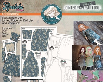 Jointed Paper Art Doll DIGITAL - 52 Dolls Collection - Paperbabe Stamps - PDF, Svg, Dxf - Pleated Flower Dress