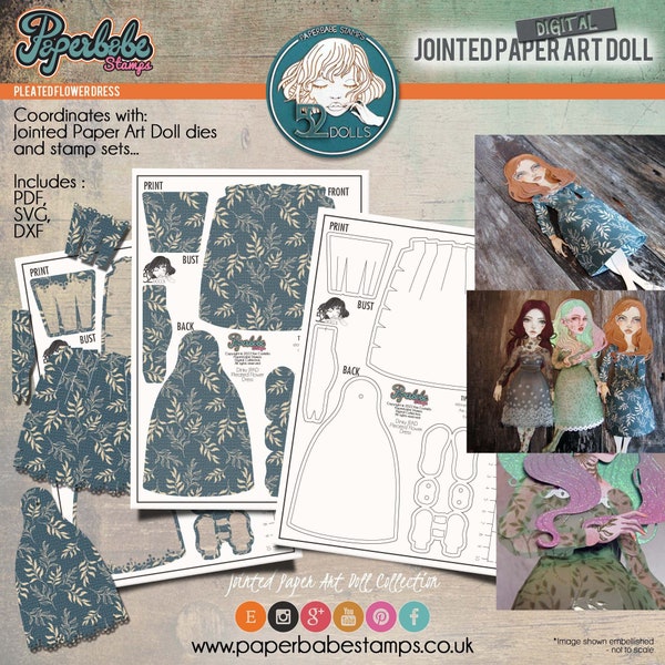 Jointed Paper Art Doll DIGITAL - 52 Dolls Collection - Paperbabe Stamps - PDF, Svg, Dxf - Pleated Flower Dress