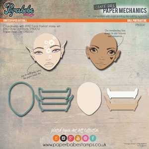 Gelenkte Paper Art Doll - Metallstanzform & Stempel-Set (KOPFPORTRAIT) - Paperbabe Briefmarken - Zum Basteln mit Papier und Scrapbooking.