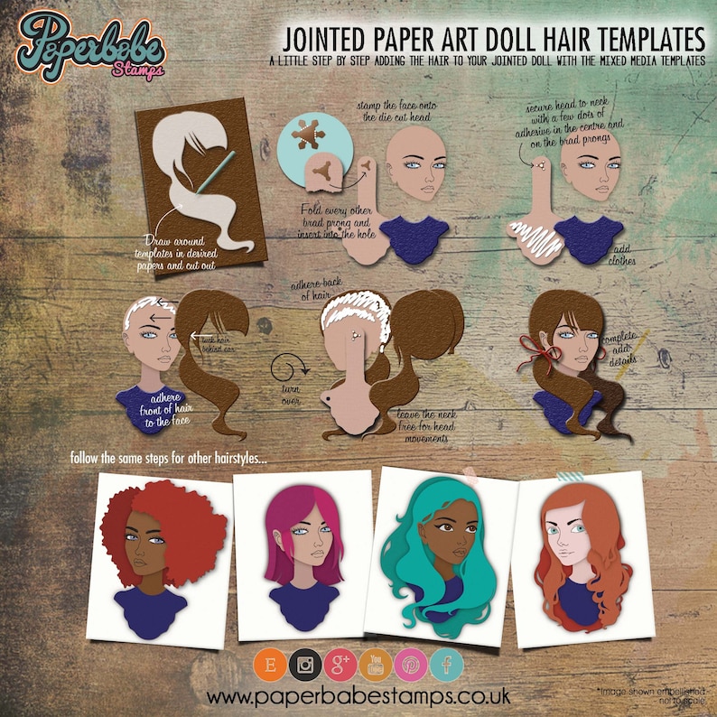 Jointed Paper Art Doll Hair TemplatesSERENA Paperbabe Stamps Mylar drawing templates For mixed media and papercrafts image 3