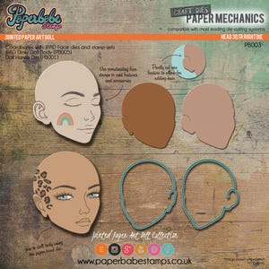 Bambola di carta snodata - Set di timbri e fustelle in metallo (TESTA 3 QUARTIERI VISTA A DESTRA) - Timbri Paperbabe - Per lavori di bricolage e scrapbooking con la carta.