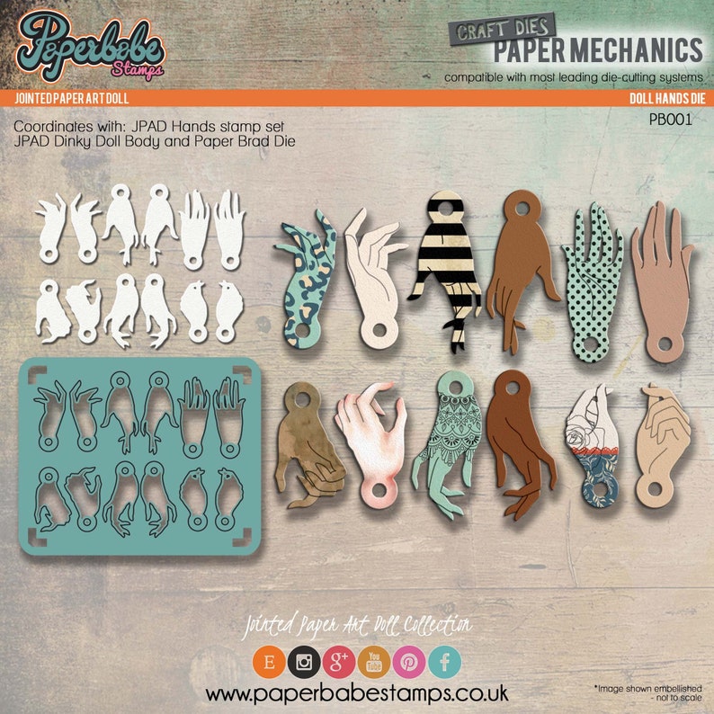 Jointed Paper Art Doll Metal Cutting Die & Stamp SetHANDS Paperbabe Stamps For paper crafting and scrapbooking. image 1