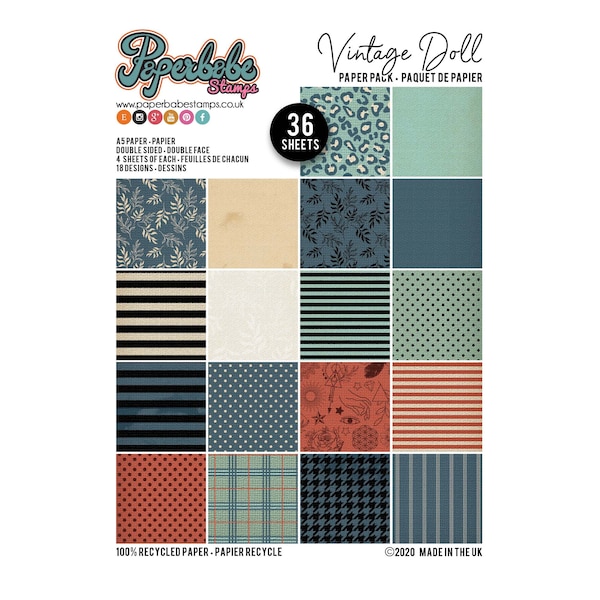 Vintage Doll - Patterned Paper Pack(recycled, 36 Sheets) - Paperbabe Stamps - For mixed media, art journaling, and paper crafts.