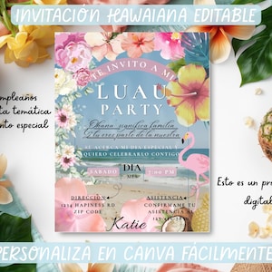 Op de afbeelding: Digitale uitnodiging voor een Luau Party, met een strandscène, een roze flamingo, hibiscusbloemen en de tekst "Te invito a mi Luau Party". Bevat evenementdetails en aanpassingsinstructies.