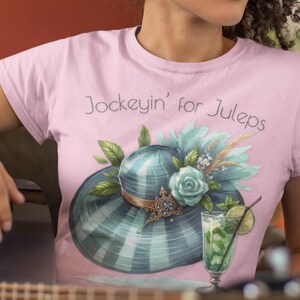 ジョッキーイン・フォー・ジュレップスイベントTシャツ、馬好きアパレル、馬好きシャツ、楽しいダービーレース衣装、ミントジュレップ