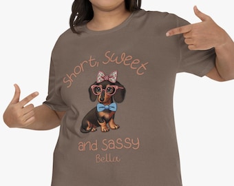 Short, Sweet, & Sassy Dachshund Lover T-Shirt, Embroidery Look Tee for Doxie Owners, Dog Mom Shirt, Dachsund Fan Gift, Doxie Owner Tee