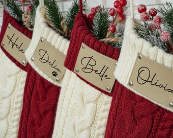 Personalized Knit Christmas Stocking, Engraved Leather Patch, Holiday Decor