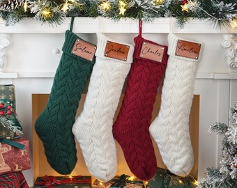 Personalized Christmas Stockings,Engraved Leather Patch Christmas Stocking,2025 Family Holiday Stockings with Name,Monogram Stockings Decor