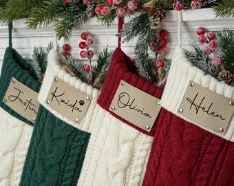 Personalized Knit Christmas Stocking, Engraved Leather Patch, Family Xmas Decor