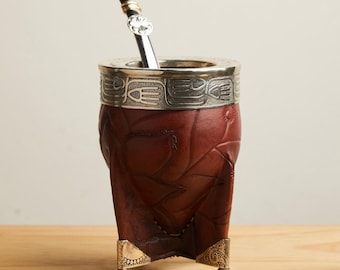Yerba Mate Gourd Cup with Beaded Base, Luxury Argentine Leather Mate with German Silver Unique Gift for Her or Him