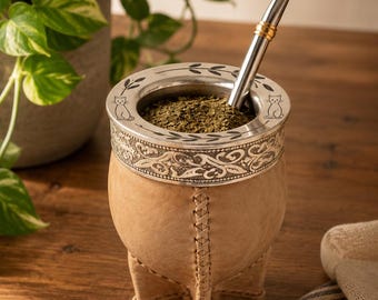 Personalized Fine Yerba Mate Cup- Ivory Leather- Handcrafted Gourd Engraved Argentine Gift German Silver
