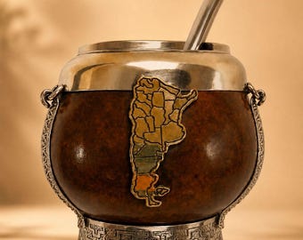 Argentina Mate Cup with Malvinas Islands, Handmade Gourd Mate, Argentine Gift