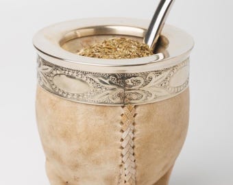 Personalized Fine Yerba Mate Cup- Ivory Leather- Handcrafted Gourd Engraved Argentine Gift German Silver