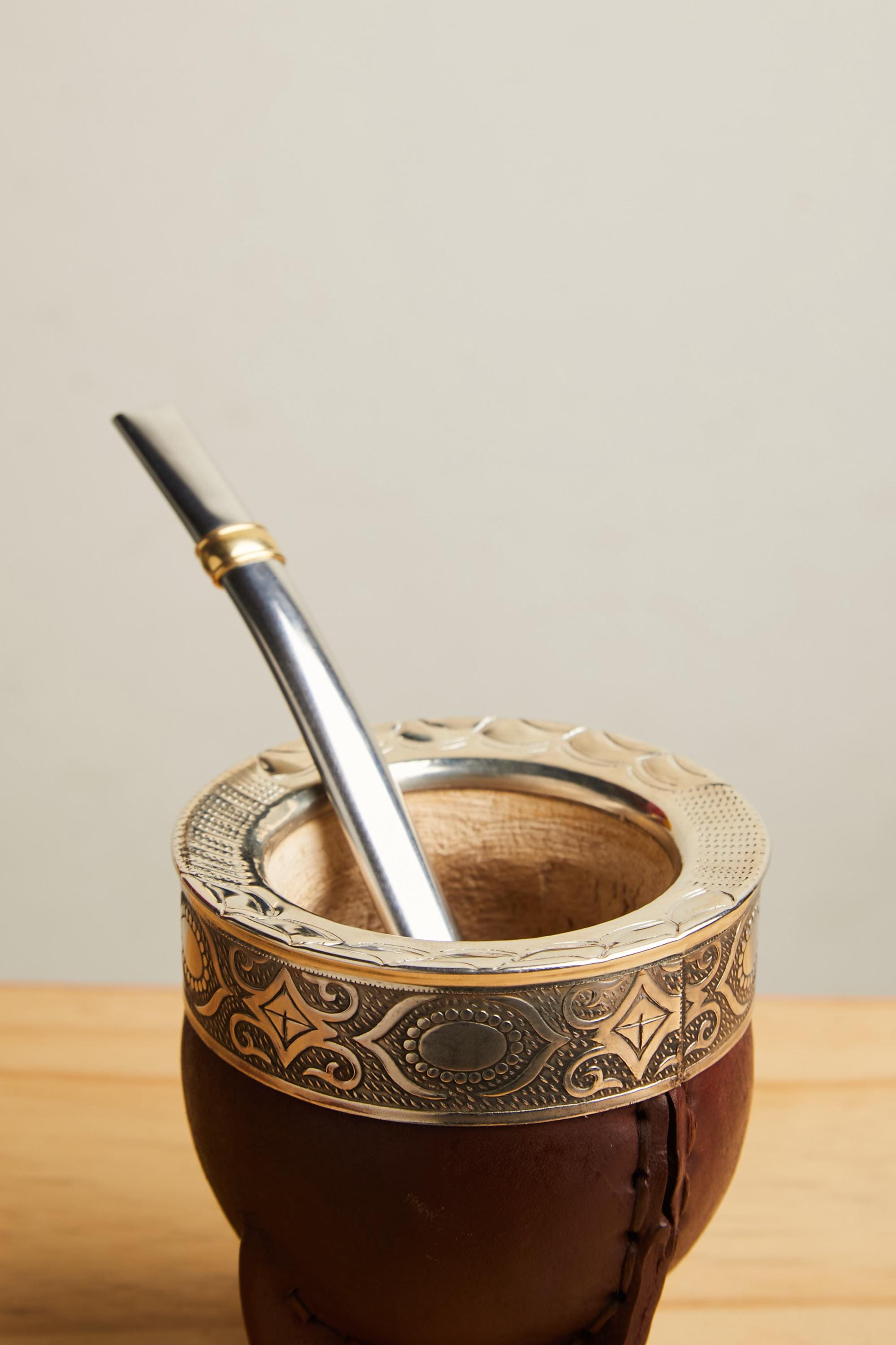 マテ茶カップとレザーのマテ茶ホルダーセット – 手作りのひょうたんと