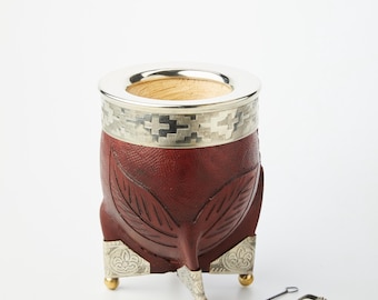 Imperial Mate Gourd Grawerowana Skóra, Kubek Premium Mate, Ręcznie Robiony Mate, Prezent z Argentyny, Kubek z Niemieckiego Srebra Mate, Darmowa Słomka i Szczotka
