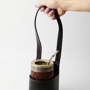 Mate Set, Premium Leather Car Mate Holder, gourd mate cup, leather and german silver, straw, mate kit