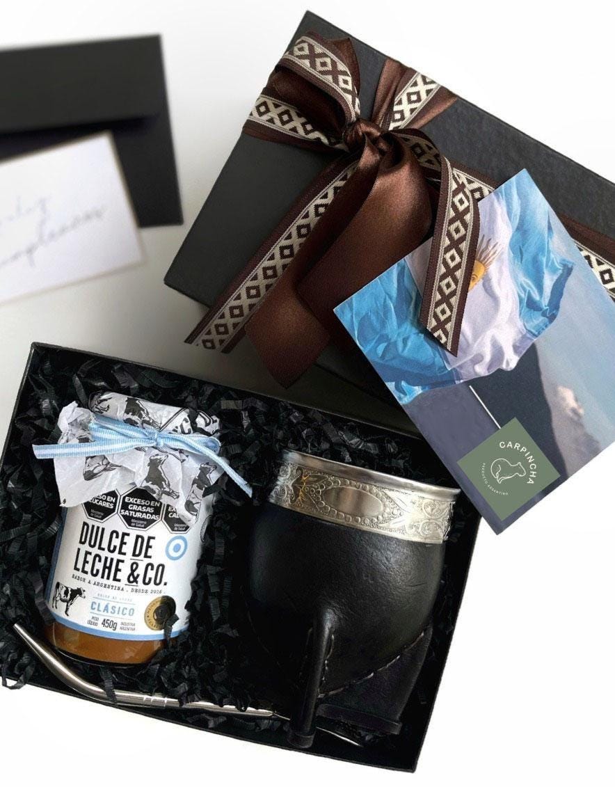 Argentine Gift Box – Imperial Yerba Mate Gourd + Bombilla + Dulce de Leche 450 gms. Personalized Gift!