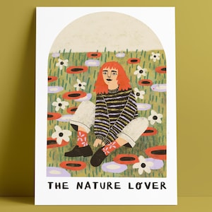 Stampa artistica "Nature Lover" - Ritratto in stile Tarocchi in un prato fiorito - Decorazione da parete Cottagecore, arte floreale, accogliente illustrazione botanica