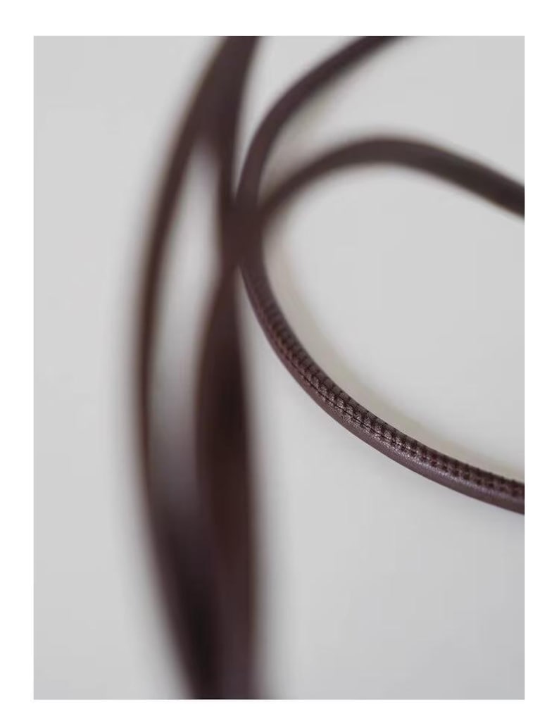 May include: A dark brown, thin, rounded cord with a visible stitched seam running along its length. The cord is flexible and curves in a loop, displaying a smooth, semi-glossy texture on its surface against a plain, light-colored background.