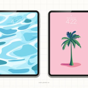 May include: Two digital tablet mockups with different backgrounds. The left tablet has a blue and white abstract water pattern. The right tablet has a pink background with a green palm tree. Both tablets display the time 4:22.