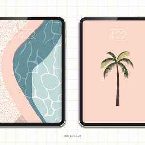 May include: Two digital tablet screen mockups with different summer-themed designs. The left screen shows a pink and blue abstract design with a pool and beach. The right screen shows a pink background with a green palm tree. Both screens display the time 4:22.