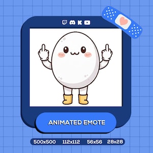 May include: An animated egg character giving the middle finger, with a cute face and yellow boots. The image is set within a dark blue frame, with social media icons at the top and the words "ANIMATED EMOTE" at the bottom. A blue bandage with a heart is in the top right corner.