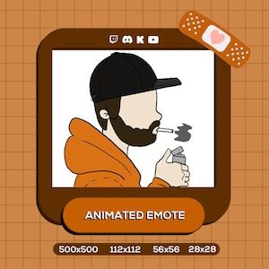 Puede incluir: Emoticono animado de una persona con una gorra de béisbol negra y una sudadera con capucha naranja, sosteniendo un encendedor y fumando un cigarrillo. El emoticono está sobre un fondo blanco con el texto "ANIMATED EMOTE" debajo.
