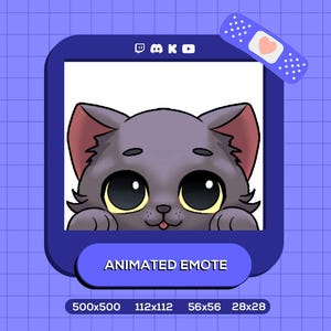 May include: Animated Twitch emote featuring a cartoon cat with large eyes, a pink nose, and a purple body. The cat is peeking out from the top of a blue frame with the text "ANIMATED EMOTE" in white letters.