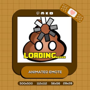 Può includere: Emoticon Twitch animato con un emoji di cacca marrone con un caricatore rotante in cima. Il testo "LOADING..." è sotto l'emoji. L'emoticon è etichettato "ANIMATED EMOTE".