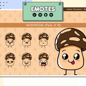 May include: A set of 12 mushroom emoticons with different facial expressions. The emoticons are cartoon-style and have brown caps with white spots. The background is a light orange with a pattern of small mushrooms.